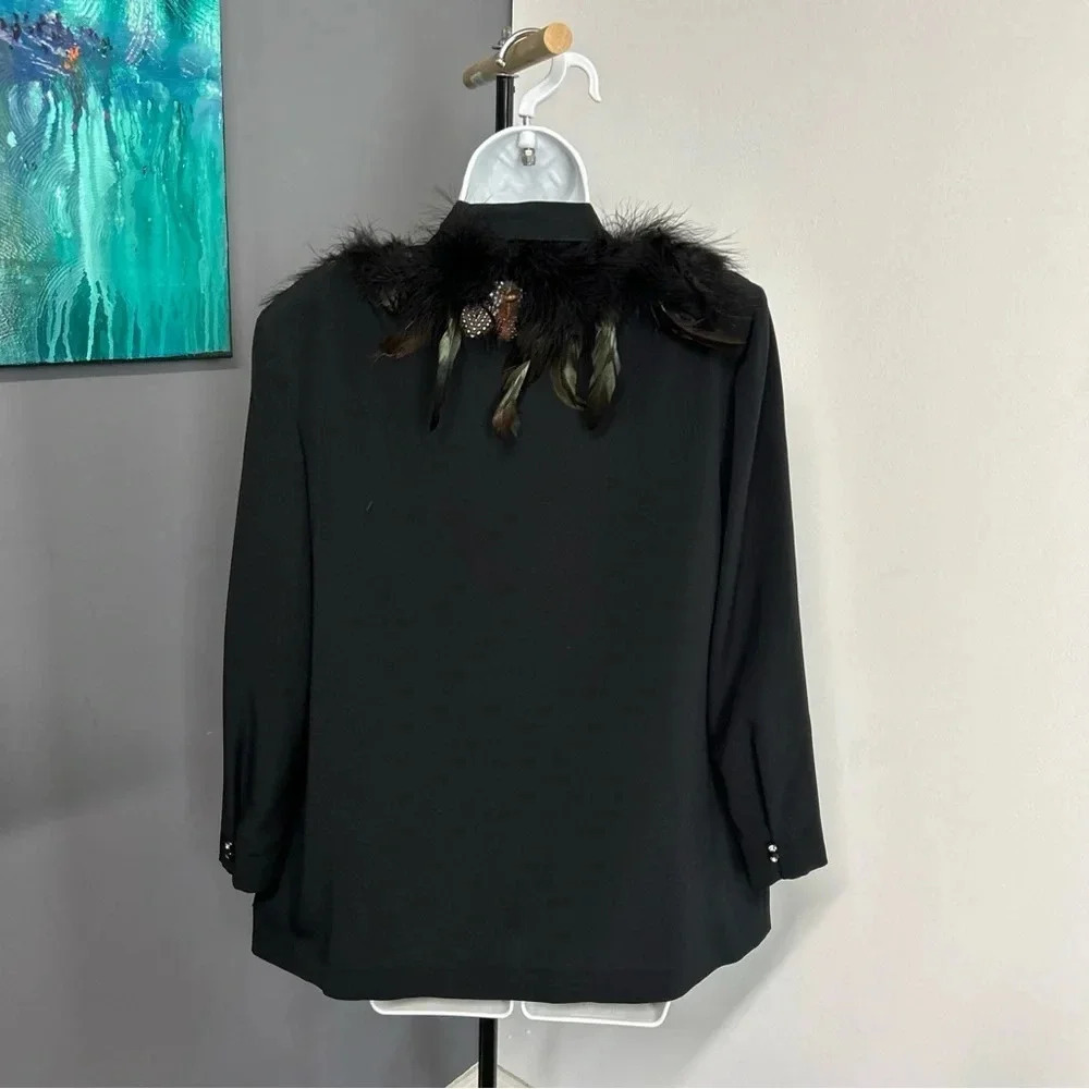 Vintage Campus Casual Of California Black Feather Accent Blazer Whimsigoth‎